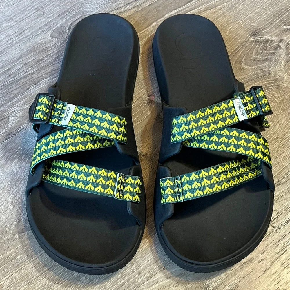Chaco Chillos Slide Sandals Mens 14 Public Lands Green Yellow Geometric Pattern